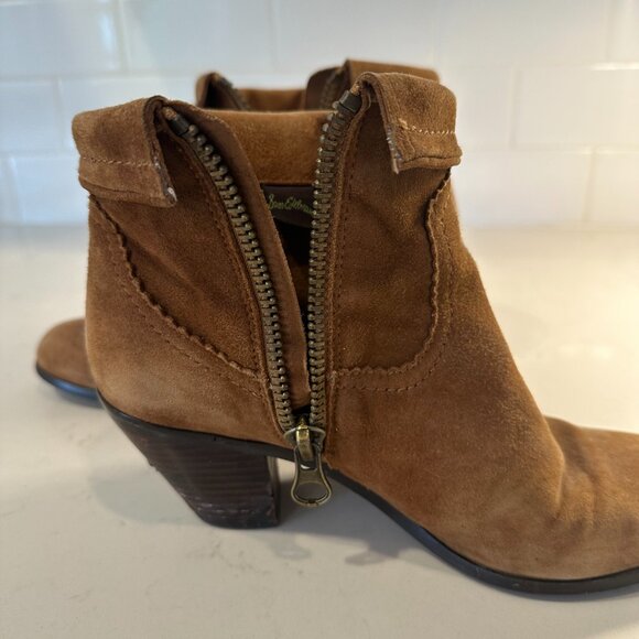Sam Edelman Louie Ankle Boots Womens Size 7.5 M Brown Tan Suede Fringe Trim Zip - Picture 11 of 13